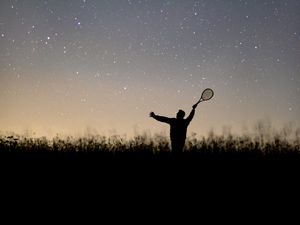 Preview wallpaper silhouette, racket, starfall, night, starry sky