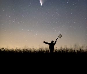 Preview wallpaper silhouette, racket, starfall, night, starry sky