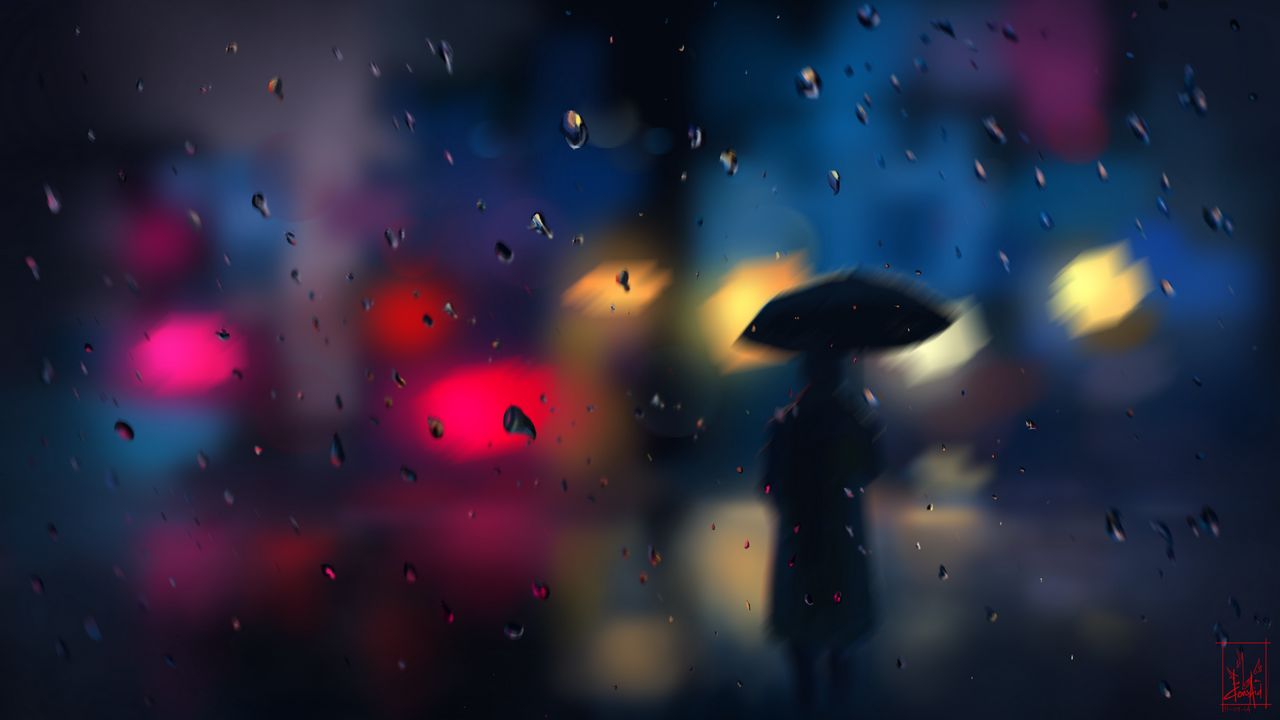 Wallpaper silhouette, rain, blur, drops, bokeh, lights