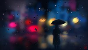Preview wallpaper silhouette, rain, blur, drops, bokeh, lights