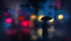 Preview wallpaper silhouette, rain, blur, drops, bokeh, lights