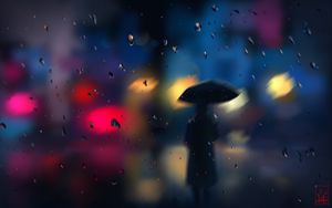 Preview wallpaper silhouette, rain, blur, drops, bokeh, lights