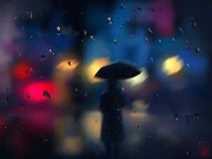 Preview wallpaper silhouette, rain, blur, drops, bokeh, lights