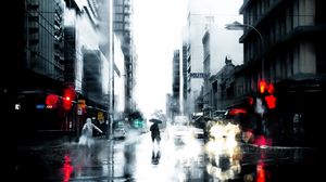 Preview wallpaper silhouette, rain, loneliness, city