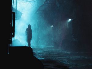 Preview wallpaper silhouette, rain, street, blue, dark