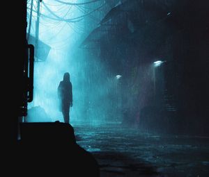 Preview wallpaper silhouette, rain, street, blue, dark