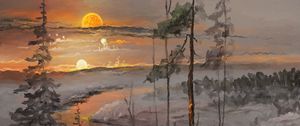 Preview wallpaper silhouette, river, field, sunset, planets, fantasy, art