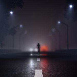 Preview wallpaper silhouette, road, fog, blur, marking, art