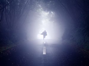 Preview wallpaper silhouette, road, fog, run, alone