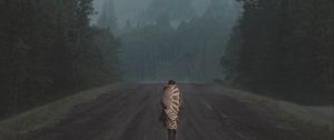 Preview wallpaper silhouette, road, mountains, fog, forest