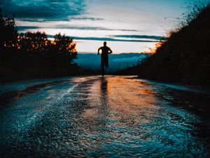 Preview wallpaper silhouette, road, running, asphalt, wet