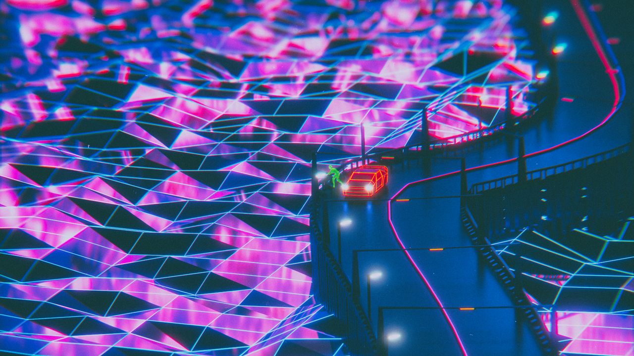Wallpaper silhouette, road, synthwave, neon