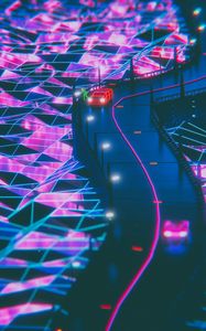 Preview wallpaper silhouette, road, synthwave, neon