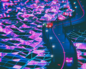 Preview wallpaper silhouette, road, synthwave, neon