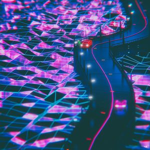 Preview wallpaper silhouette, road, synthwave, neon
