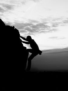 Preview wallpaper silhouette, rock, dark, bw, climber