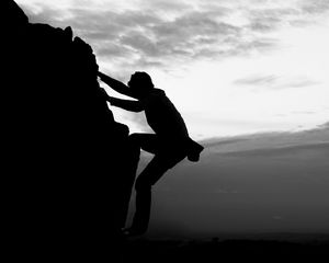 Preview wallpaper silhouette, rock, dark, bw, climber