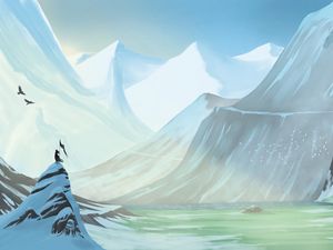 Preview wallpaper silhouette, rock, flag, snowy