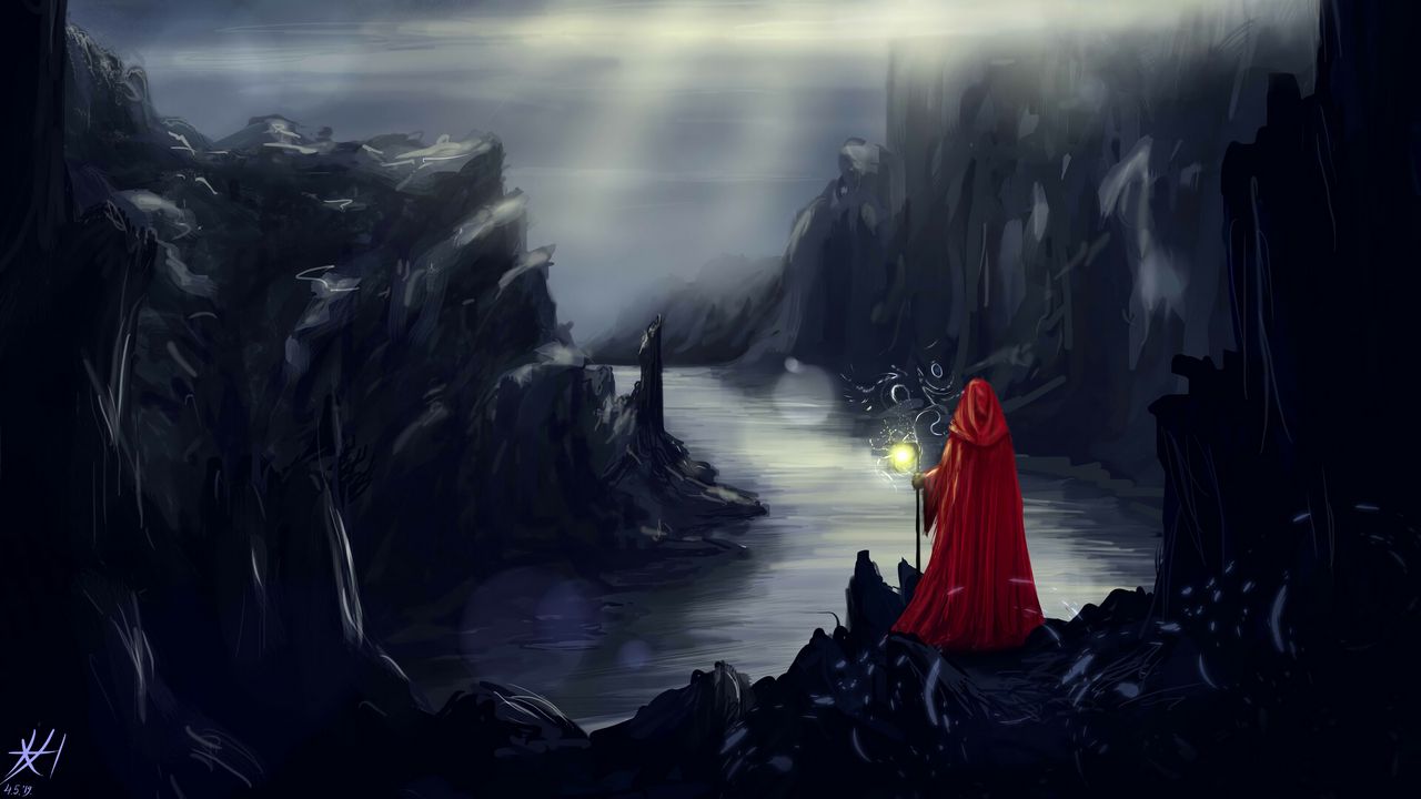Wallpaper silhouette, rocks, river, art, cape, red