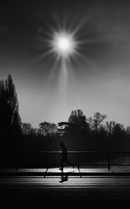 Preview wallpaper silhouette, running, bridge, bw, sunlight