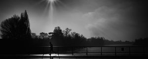 Preview wallpaper silhouette, running, bridge, bw, sunlight