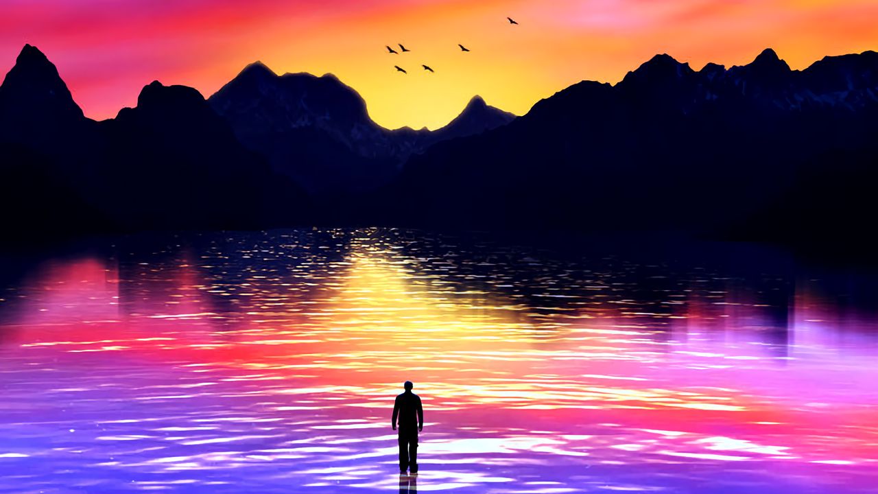 Wallpaper silhouette, sea, art, mountains, colorful, sunset