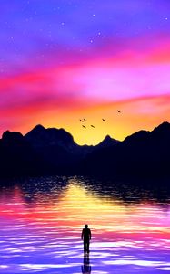 Preview wallpaper silhouette, sea, art, mountains, colorful, sunset