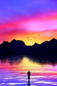 Preview wallpaper silhouette, sea, art, mountains, colorful, sunset