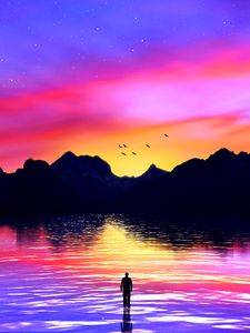 Preview wallpaper silhouette, sea, art, mountains, colorful, sunset