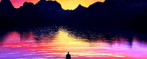 Preview wallpaper silhouette, sea, art, mountains, colorful, sunset