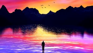 Preview wallpaper silhouette, sea, art, mountains, colorful, sunset