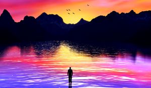 Preview wallpaper silhouette, sea, art, mountains, colorful, sunset