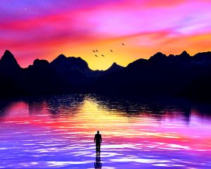 Preview wallpaper silhouette, sea, art, mountains, colorful, sunset