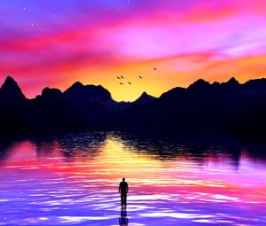 Preview wallpaper silhouette, sea, art, mountains, colorful, sunset