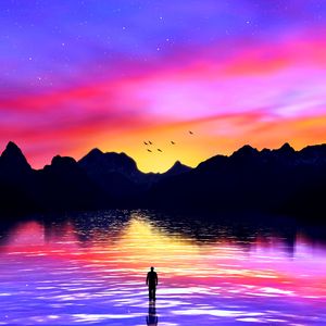 Preview wallpaper silhouette, sea, art, mountains, colorful, sunset