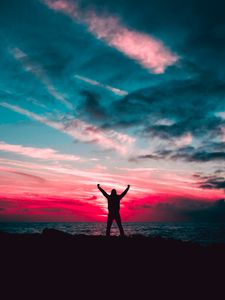 Preview wallpaper silhouette, sea, man, freedom, sunset, horizon