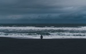 Preview wallpaper silhouette, sea, storm, cloudy, waves, loneliness, lonely