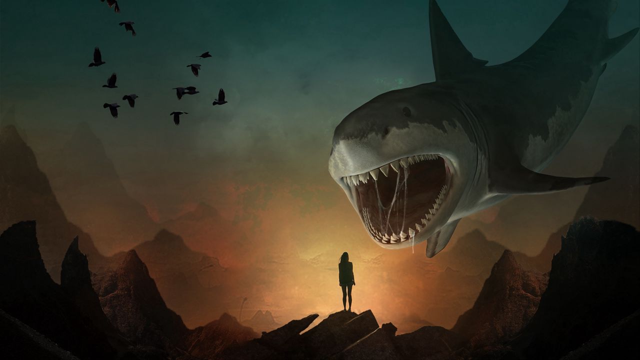 Wallpaper silhouette, shark, art, mouth, teeth, predator, illusion