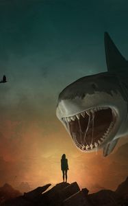Preview wallpaper silhouette, shark, art, mouth, teeth, predator, illusion