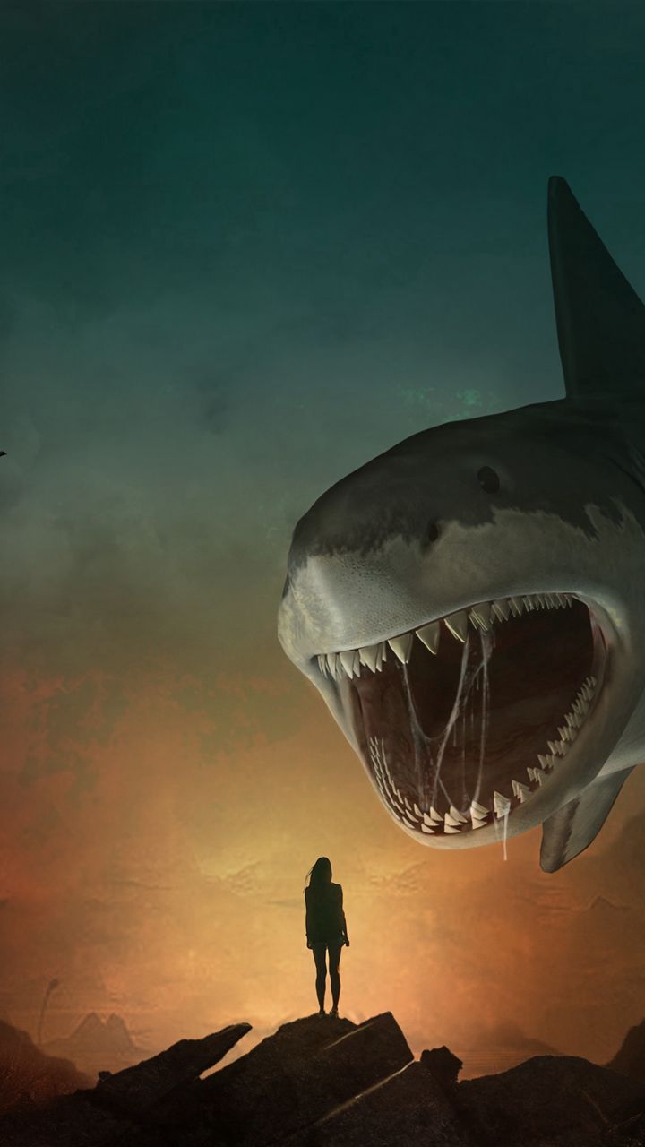 720x1280 Wallpaper silhouette, shark, art, mouth, teeth, predator, illusion