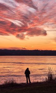 Preview wallpaper silhouette, shore, river, trees, clouds