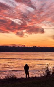 Preview wallpaper silhouette, shore, river, trees, clouds