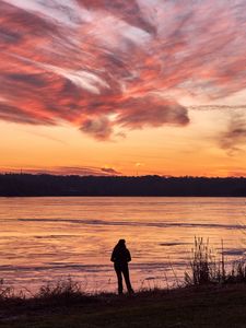 Preview wallpaper silhouette, shore, river, trees, clouds