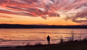 Preview wallpaper silhouette, shore, river, trees, clouds