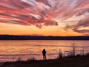 Preview wallpaper silhouette, shore, river, trees, clouds