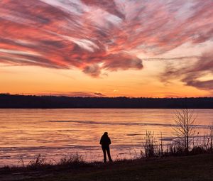 Preview wallpaper silhouette, shore, river, trees, clouds