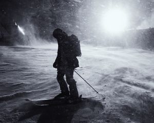 Preview wallpaper silhouette, skier, skiing, snow, night