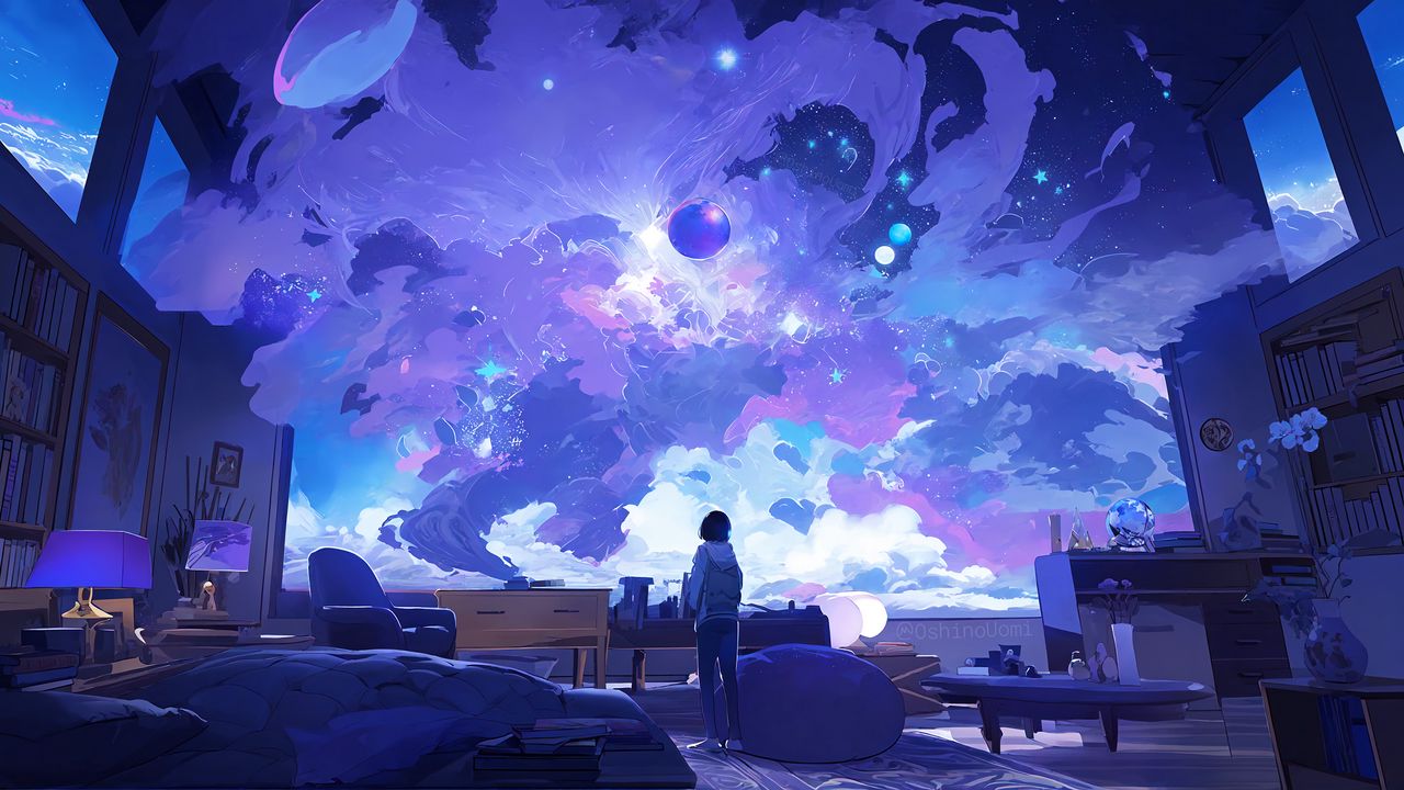 Wallpaper silhouette, sky, planets, view, blue, anime, art