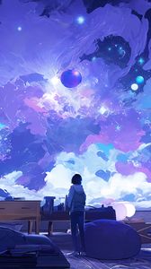 Preview wallpaper silhouette, sky, planets, view, blue, anime, art