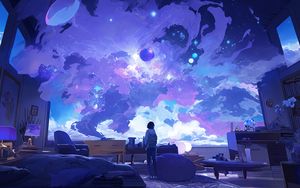 Preview wallpaper silhouette, sky, planets, view, blue, anime, art